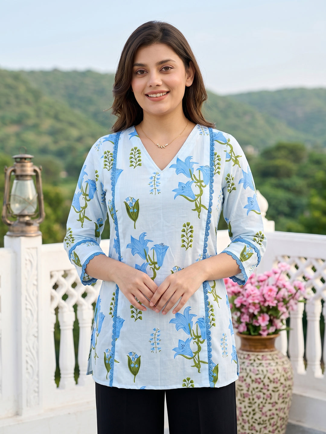 Blue And White Pure Cotton Peplum Regular Tops
