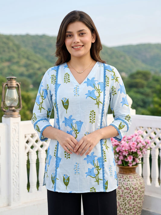 Blue And White Pure Cotton Peplum Regular Tops