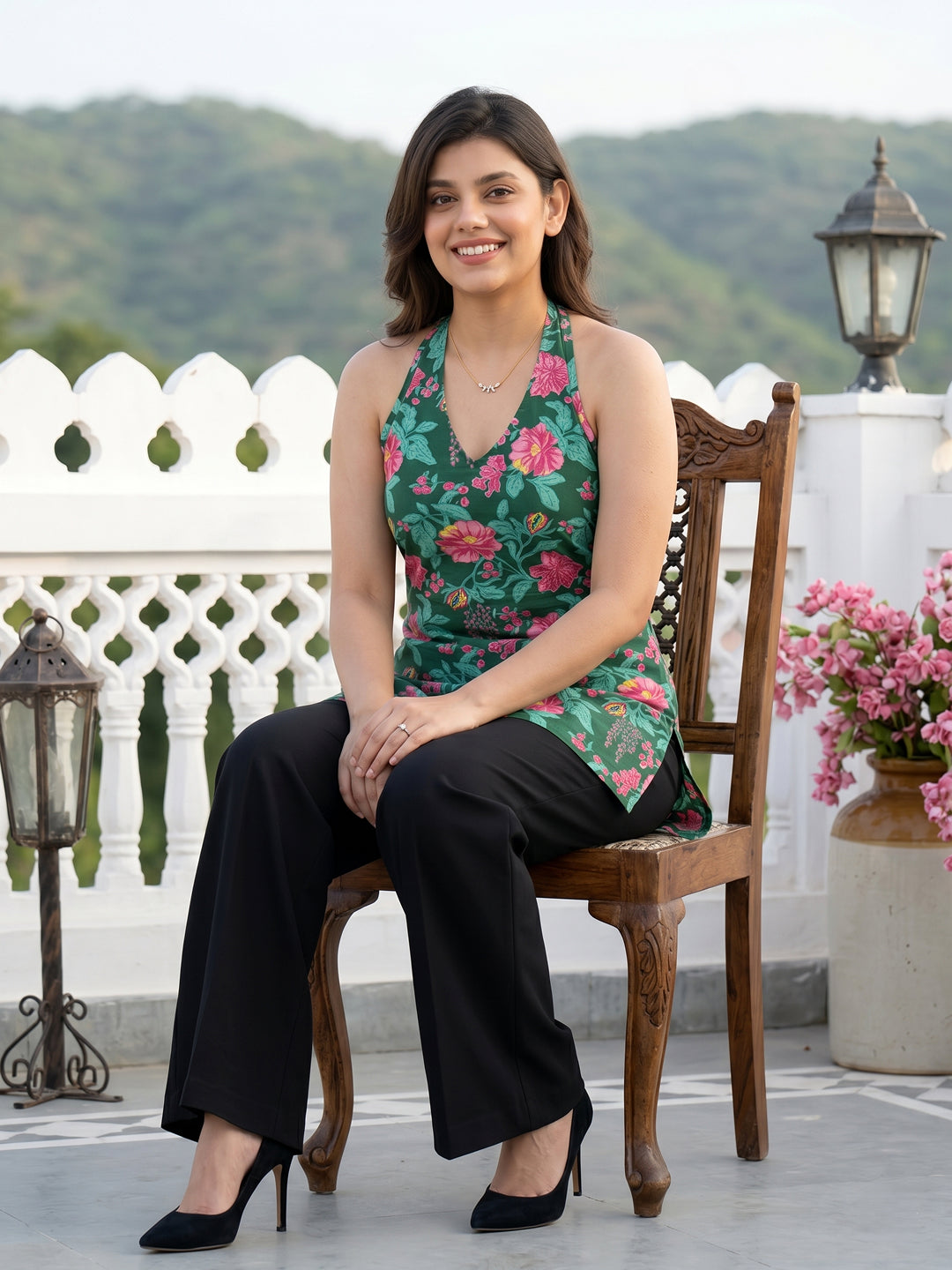 Green And Pink Pure Cotton Peplum Regular Tops
