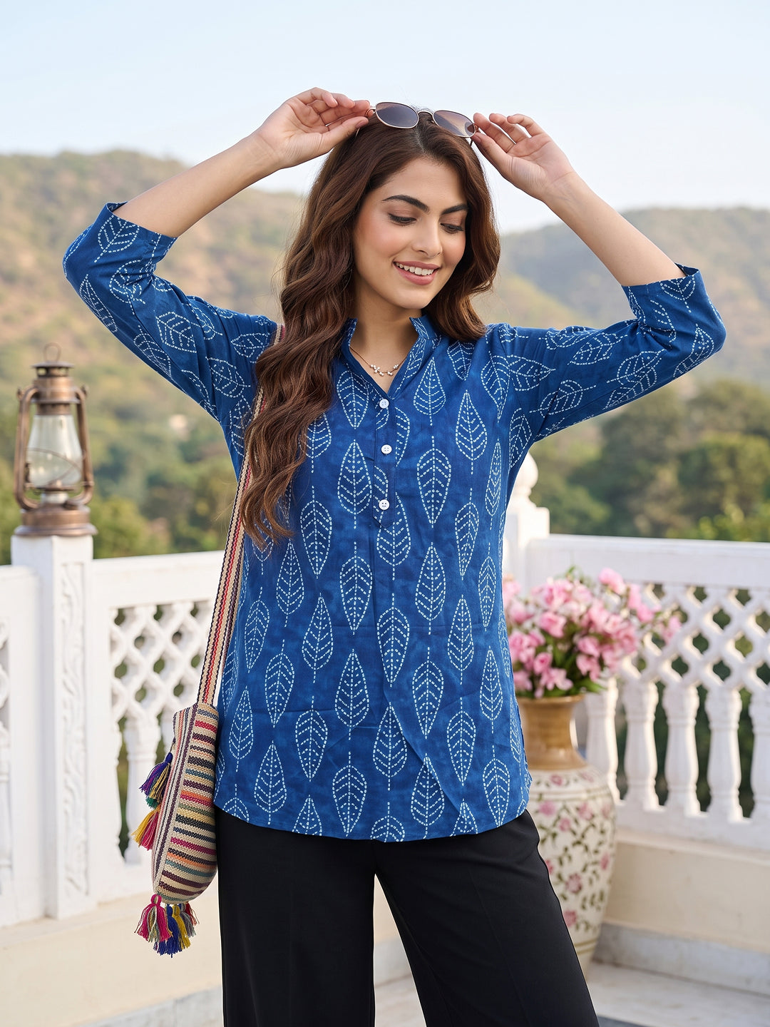 Blue Pure Cotton Peplum Regular Tops