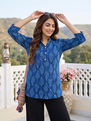 Blue Pure Cotton Peplum Regular Tops
